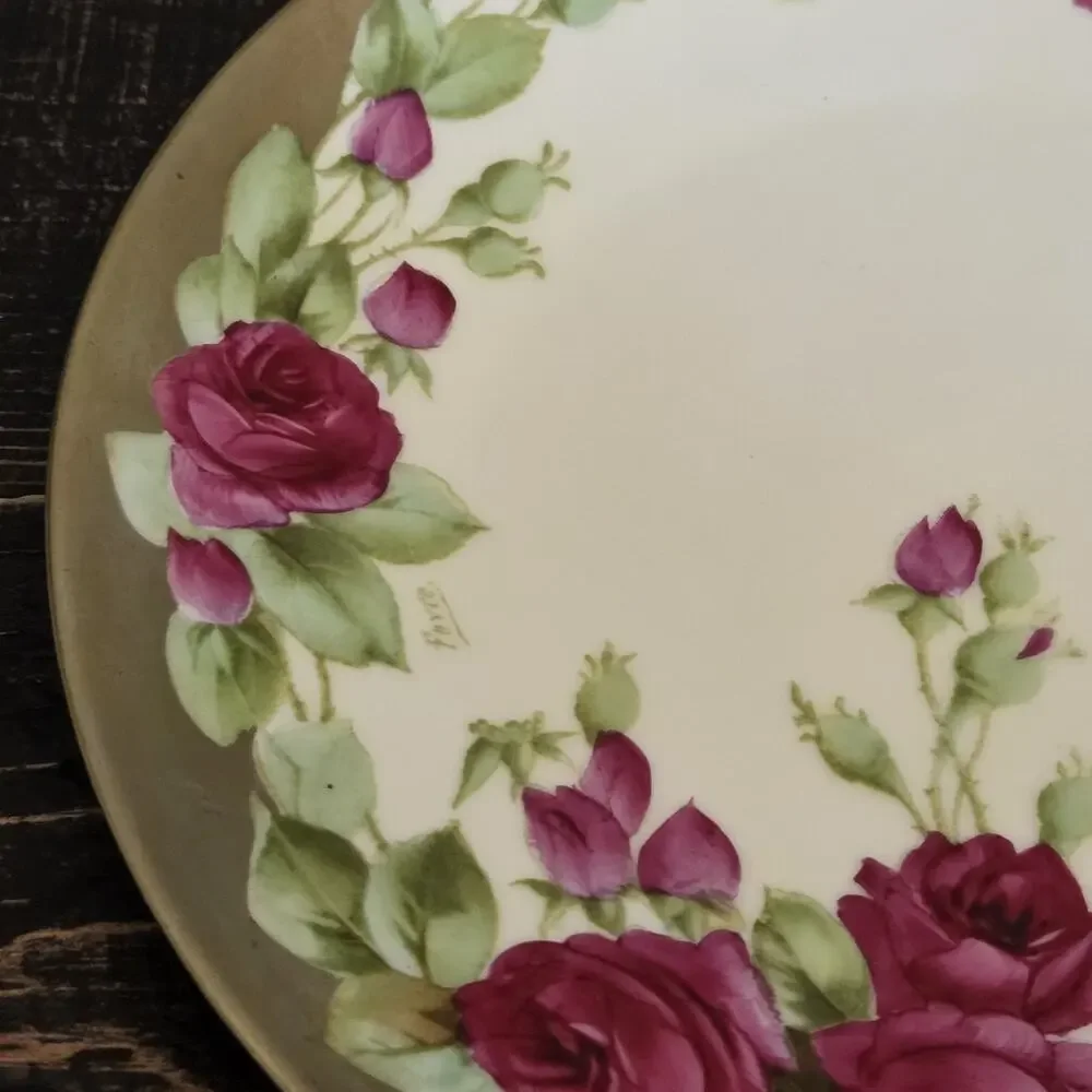 Vintage Tirschenreuth Bavaria Pink Roses Gold Trim 8.25 in Cabinet Plate Signed